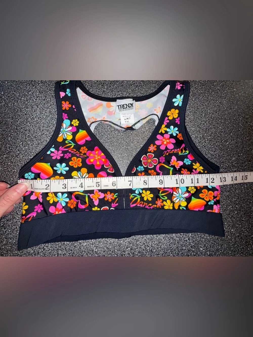 Trendy Threads Dance Bra Top Size Youth X-Large Black & Groovy Dance Theme